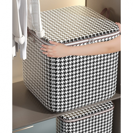 Cutie de Depozitare cu Fermoar, , Pliabila, Maner Ranforsat, Fermoar Rezistent, pentru Haine, Paturi, Plapumi, Perne, Lenjerii de Pat, Jucarii, 80 Litri, in Carouri, Alb-Negru [3]
