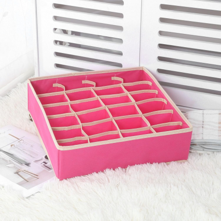 Cutie De Depozitare, , Pentru Lenjerie, Sosete Si Sutiene, Material Textil, 24 Compartimente, 32 x 32 x 10 cm, Culoare Roz [3]