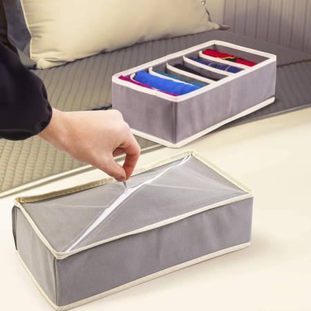 Cutie De Depozitare, , Pentru Lenjerie, Sosete Si Sutiene, Material Textil, 6 Compartimente, 32 x 16 x 10 cm, Culoare Gri [6]