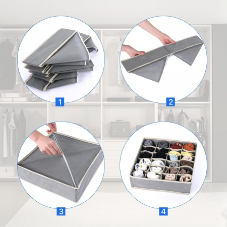 Cutie De Depozitare, , Pentru Lenjerie, Sosete Si Sutiene, Material Textil, 7 Compartimente, 32 x 32 x 10 cm, Culoare Gri [4]