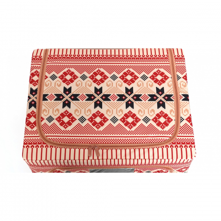 Cutie de Depozitare Pliabila, ,100 L din Bumbac si In, 60X42X40 cm, Fereastra Frontala, 2 Usi de Acces cu Fermoar Bidirectional, Cadru Metalic, Suport Baza Stabil din Plastic, Motiv Traditional Model  [1]