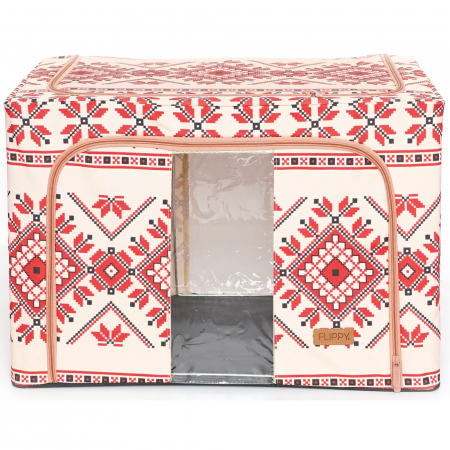 Articole pentru Casa Engros - Cutie de Depozitare Pliabila, ,100 L din Bumbac si In, 60X42X40 cm, Fereastra Frontala, 2 Usi de Acces cu Fermoar Bidirectional, Cadru Metalic, Suport Baza Stabil din Plastic, Motiv Traditional Model 