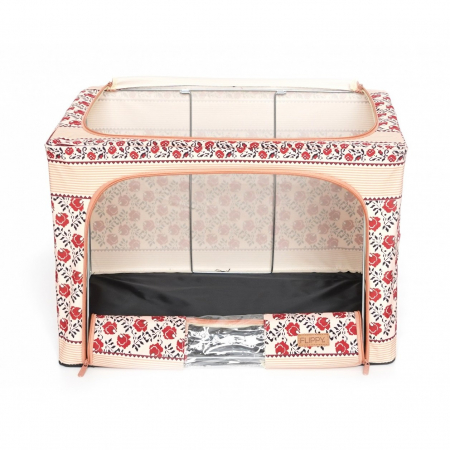 Cutie de Depozitare Pliabila, ,100 L din Bumbac si In, 60X42X40 cm, Fereastra Frontala, 2 Usi de Acces cu Fermoar Bidirectional, Cadru Metalic, Suport Baza Stabil din Plastic, Motiv Traditional Model  [8]