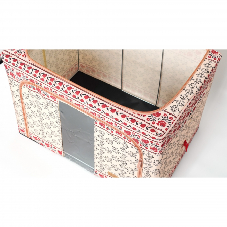 Cutie de Depozitare Pliabila, ,100 L din Bumbac si In, 60X42X40 cm, Fereastra Frontala, 2 Usi de Acces cu Fermoar Bidirectional, Cadru Metalic, Suport Baza Stabil din Plastic, Motiv Traditional Model  [1]