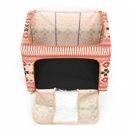 Cutie de Depozitare Pliabila, ,100 L din Bumbac si In, 60X42X40 cm, Fereastra Frontala, 2 Usi de Acces cu Fermoar Bidirectional, Cadru Metalic, Suport Baza Stabil din Plastic, Motiv Traditional Model  [6]