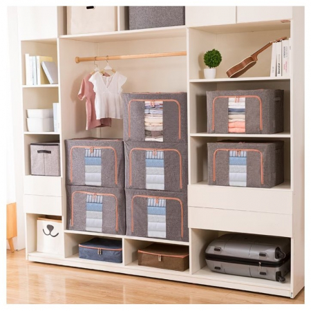 Cutie de Depozitare Pliabila, , 24 L, din Bumbac si In, 40x30x20 cm, 2 Ferestre, Frontala si Laterala, 2 Usi de Acces cu Fermoar Bidirectional, Cadru Metalic, Suport Baza Stabil din Plastic, Gri [3]