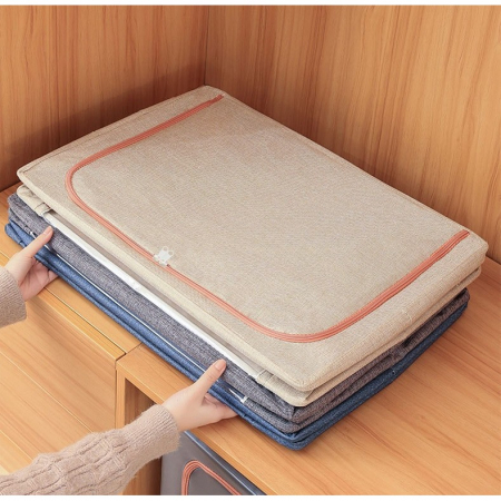 Cutie de Depozitare Pliabila, , 24 L, din Bumbac si In, 40x30x20 cm, 2 Ferestre, Frontala si Laterala, 2 Usi de Acces cu Fermoar Bidirectional, Cadru Metalic, Suport Baza Stabil din Plastic, Bej [5]