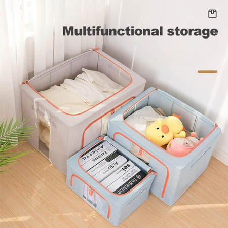 Cutie de Depozitare Pliabila, , 24 L, din Bumbac si In, 40x30x20 cm, Fereastra Frontala, 2 Usi de Acces cu Fermoar Bidirectional, Cadru Metalic, Suport Baza Stabil din Plastic, Bleu [2]