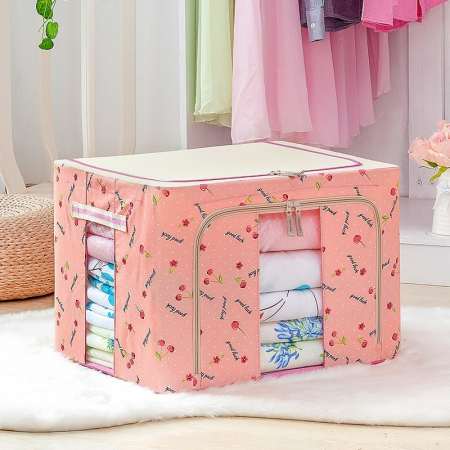 Articole pentru Casa Engros - Cutie de Depozitare Pliabila, , 24 L, Panza Oxford, 40x30x20 cm, Fereastra Frontala, 2 Usi de Acces cu Fermoar Bidirectional, Cadru Metalic, Suport Baza Stabil din Plastic, Imprimeu Cirese, Roz