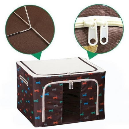 Cutie de Depozitare Pliabila, , 24 L, Panza Oxford, 40x30x20 cm, Fereastra Frontala, 2 Usi de Acces cu Fermoar Bidirectional, Cadru Metalic, Suport Baza Stabil din Plastic, Imprimeu Catelus, Maro/Bej [3]