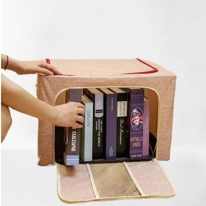 Cutie de Depozitare Pliabila, , 66 L, din Bumbac si In, 33x40x50 cm, 2 Ferestre, Frontala si Laterala, 2 Usi de Acces cu Fermoar Bidirectional, Cadru Metalic, Suport Baza Stabil din Plastic, Roz Pudra [1]