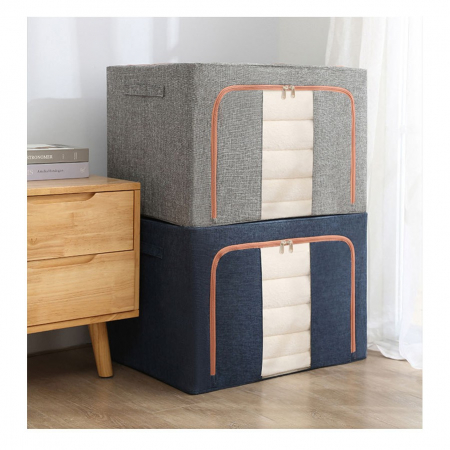 Cutie de Depozitare Pliabila, , 66 L, din Bumbac si In, 50x40x33 cm, Fereastra Frontala, 2 Usi de Acces cu Fermoar Bidirectional, Cadru Metalic, Suport Baza Stabil din Plastic, Gri [14]
