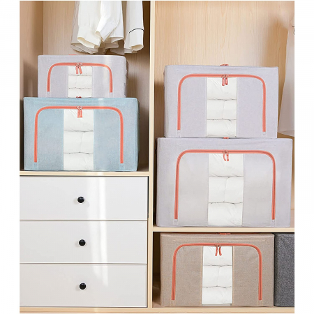 Cutie de Depozitare Pliabila, , 66 L, din Bumbac si In, 50x40x33 cm, Fereastra Frontala Transparenta, 2 Usi de Acces cu Fermoar Bidirectional, Cadru Metalic, Suport Baza Stabil din Plastic, Bleu [3]