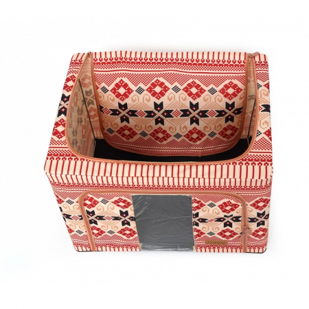 Cutie de Depozitare Pliabila, , 66 L din Bumbac si In, 52 x 42 x 39 cm, Fereastra Frontala, 2 Usi de Acces cu Fermoar Bidirectional, Cadru Metalic, Suport Baza Stabil din Plastic, Motiv Traditional Mo [5]