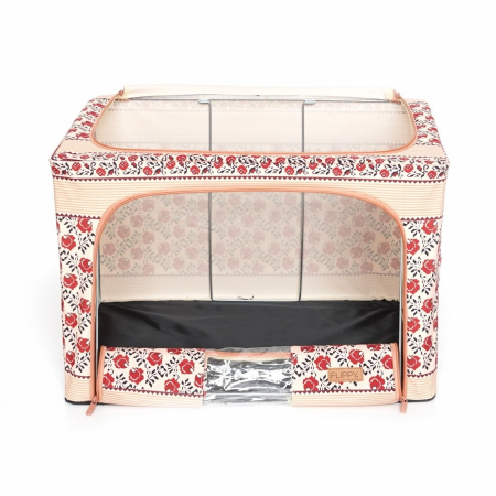 Cutie de Depozitare Pliabila, , 66 L din Bumbac si In, 52 x 42 x 39 cm, Fereastra Frontala, 2 Usi de Acces cu Fermoar Bidirectional, Cadru Metalic, Suport Baza Stabil din Plastic, Motiv Traditional Mo [1]