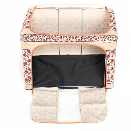 Cutie de Depozitare Pliabila, , 66 L din Bumbac si In, 52 x 42 x 39 cm, Fereastra Frontala, 2 Usi de Acces cu Fermoar Bidirectional, Cadru Metalic, Suport Baza Stabil din Plastic, Motiv Traditional Mo [2]