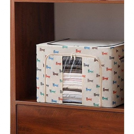 Cutie de Depozitare Pliabila, , 66 L, Panza Oxford, 50x40x33 cm, Fereastra Frontala, 2 Usi de Acces cu Fermoar Bidirectional, Cadru Metalic, Suport Baza Stabil din Plastic, Imprimeu Catelus, Bej [3]