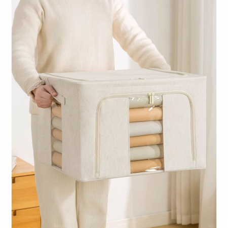 Cutie de Depozitare Pliabila, , Cu Fereastra si Fermoar Dublu, 66 L, Textil Premium, 50x40x33 cm, Cadru Metalic, Impermeabila, Bej [15]