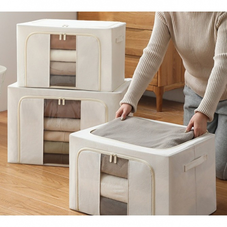 Cutie de Depozitare Pliabila, , Cu Fereastra si Fermoar Dublu, 66 L, Textil Premium, 50x40x33 cm, Cadru Metalic, Impermeabila, Bej [23]