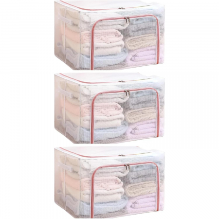 Cutie de Depozitare Pliabila, , Cu Fereastra si Fermoar Dublu Rosu, 66 L, Textil, 50x40x33 cm, Cadru Metalic, Impermeabila, Transparent [3]