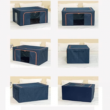 Cutie de Depozitare Pliabila, , Cu Fermoar, 100 L, Textil, 60x42x40 cm, Cadru Metalic, Suport Baza Stabil din Plastic, Albastru Marin cu Doua Ferestre [3]