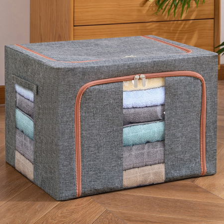 Cutie de depozitare pliabila, , Cu fermoar, 100 L, Textil, 60x42x40 cm, Cadru Metalic, Suport Baza Stabil din Plastic, Gri [9]