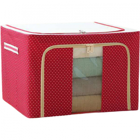 Cutie de Depozitare Pliabila, , cu Fermoar, 100 L, Textil, 60x42x40 cm, O Fereastra, Cadru Metalic, Suport Baza Stabil din Plastic, imprimeu punctat, Rosu [2]