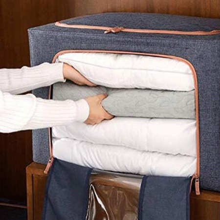 Cutie de depozitare pliabila, , Cu fermoar, 66 L, Textil, 50x40x33 cm, Albastru Marin, Cadru Metalic, Suport Baza Stabil din Plastic, Cu doua ferestre [4]