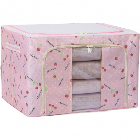 Cutie de Depozitare Pliabila, , Cu Fermoar, 66 L, Textil, 50x40x33 cm, cu Fereastra, Cadru Metalic, Suport Baza Stabil din Plastic, Imprimeu Cirese, Roz [2]