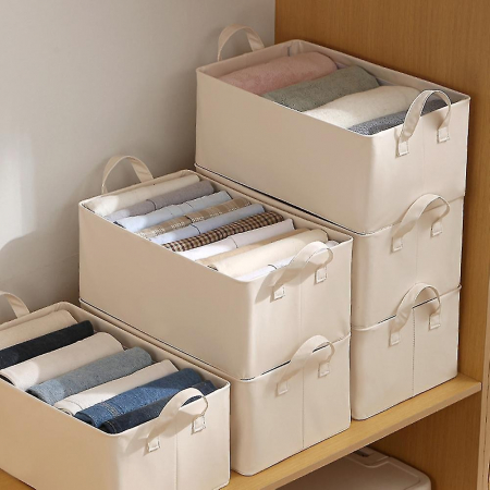 Cutie de Depozitare Tip Cos, , Material Piele Ecologica, Pliabila, 47x28x20 cm, 26 l, Cadru Metalic, cu Manere, Bej [2]