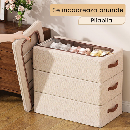 Cutie Depozitare cu Cadru Metalic, , pentru Incaltaminte, Haine, Lingerie, Fermoar Calitativ, Fereastra Transparenta, Manere Laterale, 60 x 30 x 15 cm Bej [5]