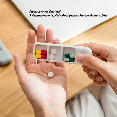 Cutie Depozitare Medicamente, , Portabila, 3 Compartimente, Tip Breloc, Plastic, Glisanta, Alb, 10.7x3.6x1.6 cm [2]