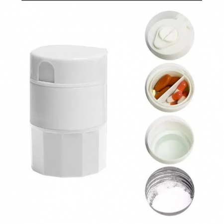 Cutie Pastile Multifunctionala, , 4 in 1, Pahar Apa, Taiere, Sfaramare, Depozitare, Compact, ABS cu Lama din Inox, Alb, 8.7x6.2x4.1 cm [5]