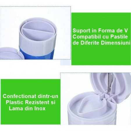 Cutie Pastile Multifunctionala, , 4 in 1, Pahar Apa, Taiere, Sfaramare, Depozitare, Compact, ABS cu Lama din Inox, Alb/Albastru, 8.7x6.2x4.1 cm [2]