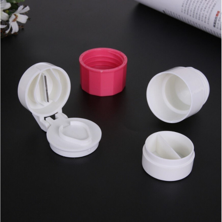 Cutie Pastile Multifunctionala, , 4 in 1, Pahar Apa, Taiere, Sfaramare, Depozitare, Compact, ABS cu Lama din Inox, Alb/Roz, 8.7x6.2x4.1 cm [4]