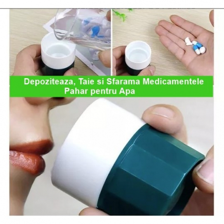 Cutie Pastile Multifunctionala, , 4 in 1, Pahar Apa, Taiere, Sfaramare, Depozitare, Compact, ABS cu Lama din Inox, Alb/Verde, 8.7x6.2x4.1 cm [1]