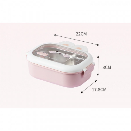 Cutie pentru Pranz sau Gustari, , cu Doua Compartimente, Model Iepuras, pentru Copii si Adulti, Etansare, PP, Perfect pentru Scoala si Birou, 1000 mL, 22x17.8x8 cm, Roz [1]