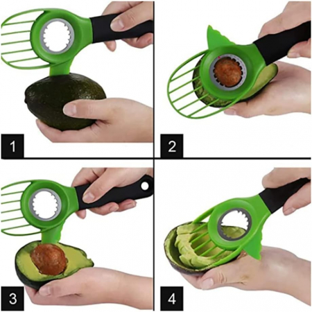 Cutit 3in1 pentru Avocado, , Cutit, Scoatere Miez si Feliator Pulpa, din PP si Otel Inoxidabil, Negru/Verde [3]