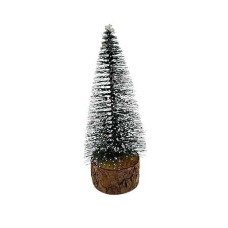 Articole de Craciun Engros - Bradut decorativ cu lumini LED – baza lemn natur, baterii incluse – efect zapada, pentru masa sau birou 16cm