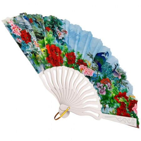 Evantai textil decorativ 24cm cu imprimeu paun si flori orientale colorate, ideal pentru vara, cadou sau decor,  [7]