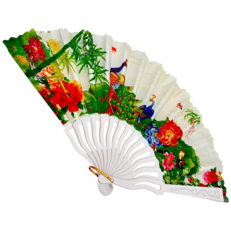 Evantai textil decorativ 24cm cu imprimeu paun si flori orientale colorate, ideal pentru vara, cadou sau decor,  [6]