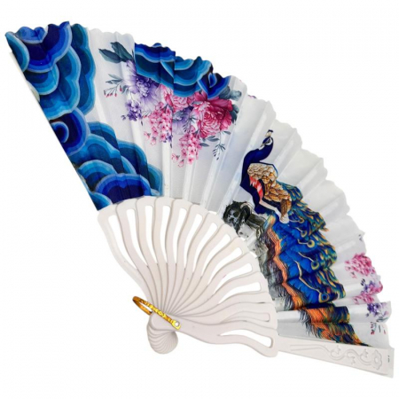 Evantai textil decorativ 24cm cu imprimeu paun si flori orientale colorate, ideal pentru vara, cadou sau decor,  [2]