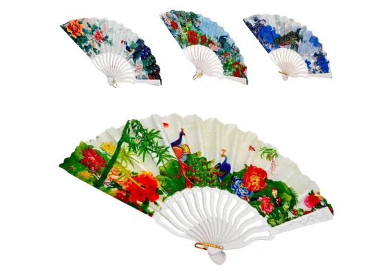 Haine si accesorii Engros - Evantai textil decorativ 24cm cu imprimeu paun si flori orientale colorate, ideal pentru vara, cadou sau decor, 