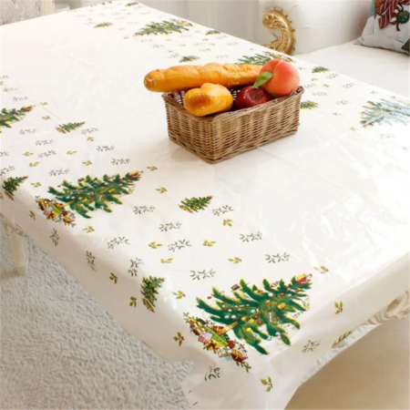 Fata de masa dreptunghiulara , PVC, 2.5 mm grosime, imprimeu braduri, potrivit pentru Craciun, utilizare multipla, 180 x 108 cm, alb [3]