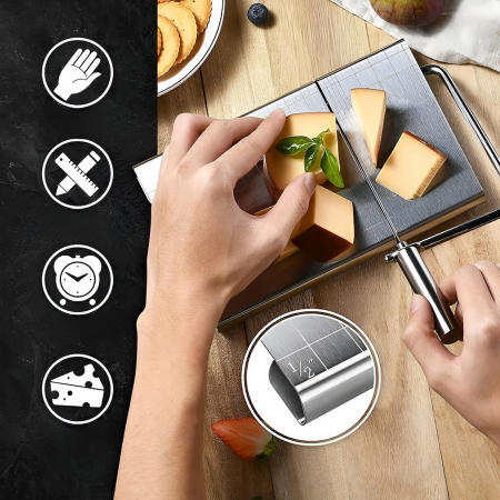Feliator de Branza, , din Otel Inoxidabil, 5 Fire de Rezerva, Maner Ergonomic, Scara de Masurare, 24x21cm, Argintiu [6]