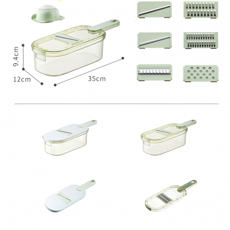 Feliator Multifunctional, , 6 in 1, pentru Fructe si Legume, 9 Piese, Maner, Lame de Inox, Recipient Stocare, Protectie Mana, ABS, 35x12x9.4 cm, Verde [2]