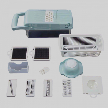 Feliator Multifunctional, , Razatoare, 8 in 1, pentru Fructe si Legume, 10 Piese, Lame de Inox, Recipient Stocare, Separator Oua, Protectie Mana, ABS, 32.2x11.3 cm, Albastru/Alb [9]