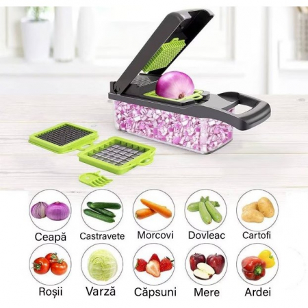 Feliator Multifunctional, , Razatoare, 8 in 1, pentru Fructe si Legume, 10 Piese, Lame de Inox, Recipient Stocare, Separator Oua, Protectie Mana, ABS, 32.2x11.3 cm, Verde/Gri [2]