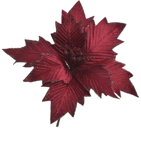 Articole pentru Casa Engros - Floare de Craciun Poinsettia rosie cu glitter, clip/tija – pentru brad si aranjamente, 32 cm
