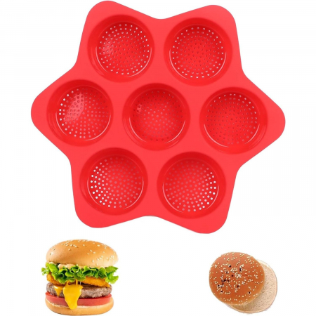 Forme de Silicon pentru Copt, , 7 Forme Rotiunde, pentru Burgeri si Prajituri, 38.5 x 4 cm, Rosu [3]